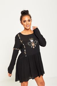 Black Long Sleeve Embroidered Smock Mini Dress
