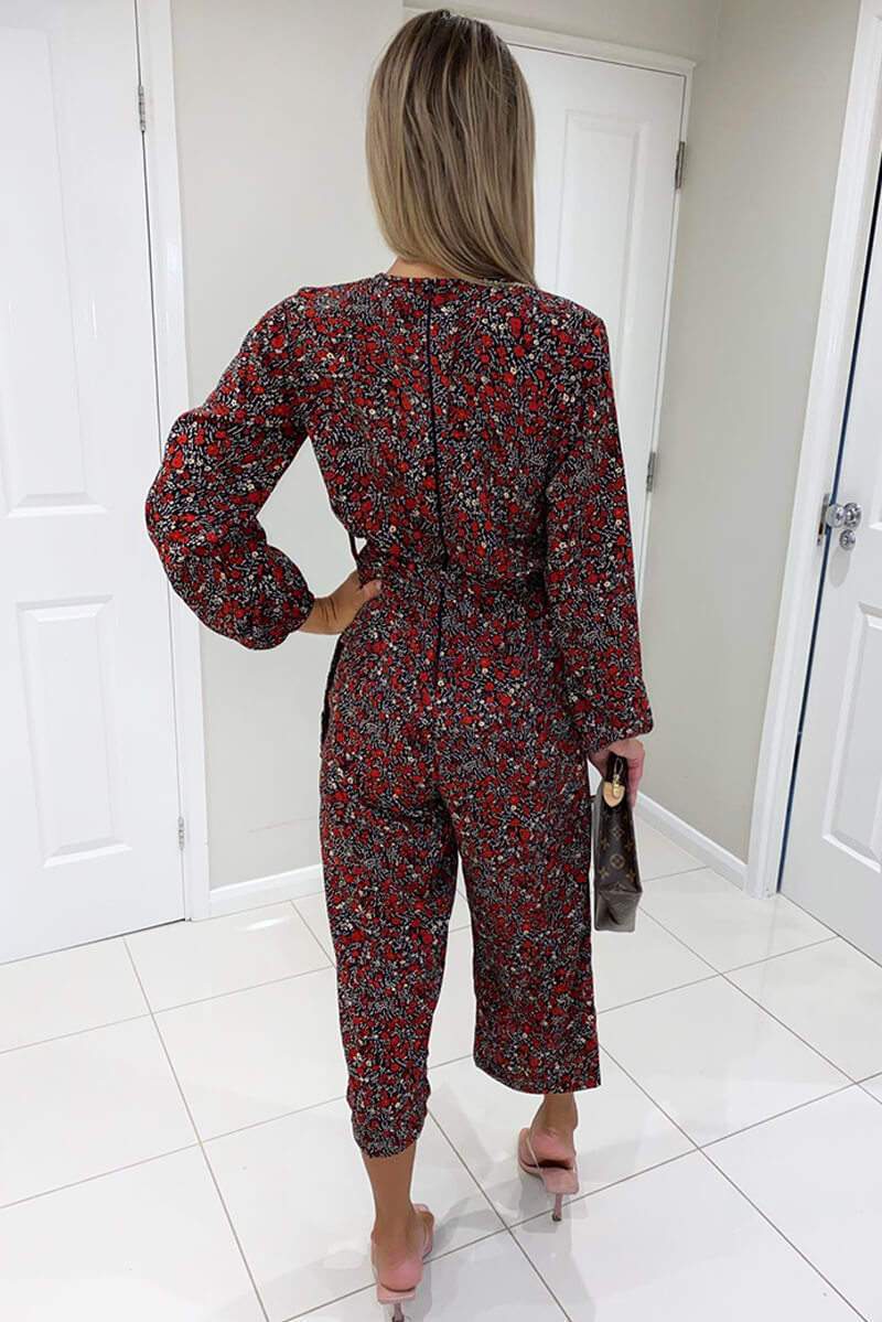 Ava Red Ditsy Floral Wrap Over Jumpsuit