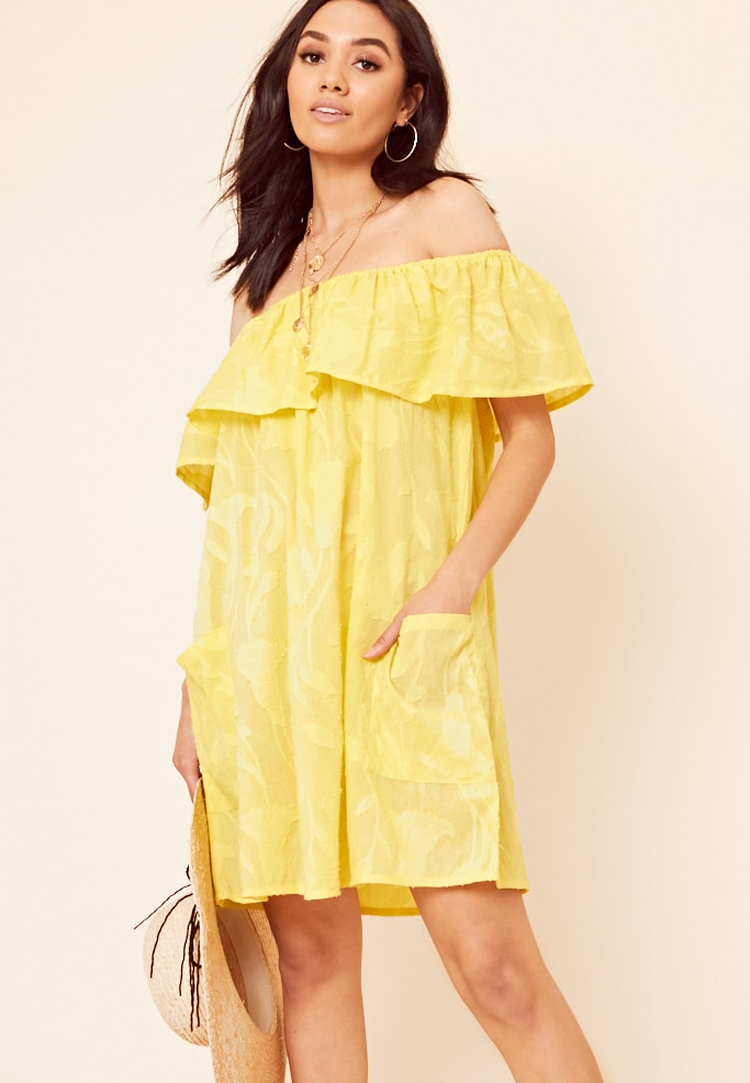 Yellow Cotton Burn Out Bardot Frill Layered Mini Dress