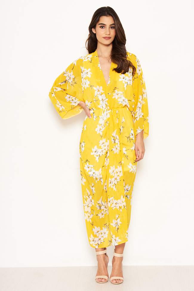 Terri Yellow Floral Kimono Sleeve Dress