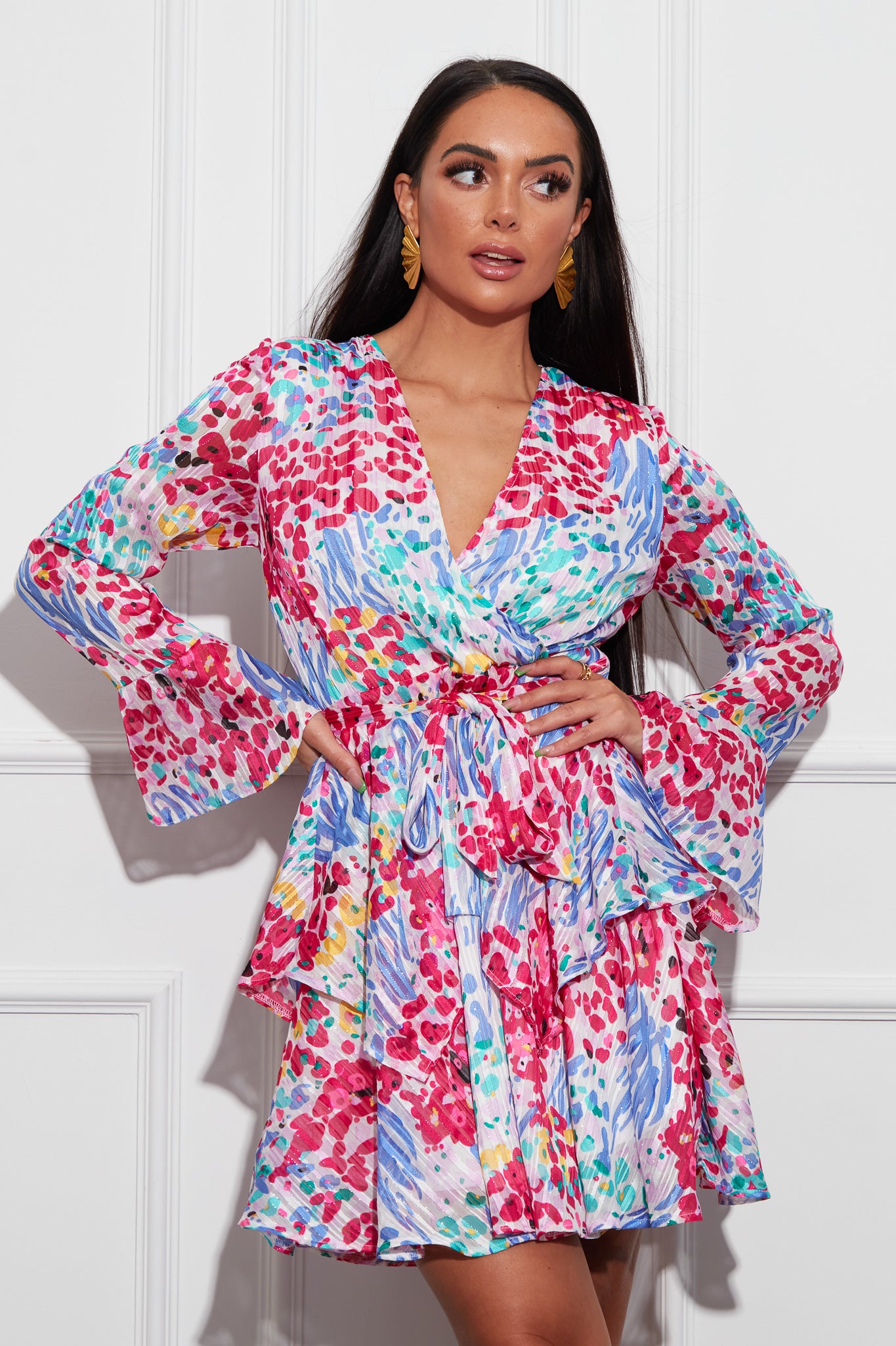 Kim Bell Sleeve Chiffon Mini Dress Multi Print - Sassy Dresses