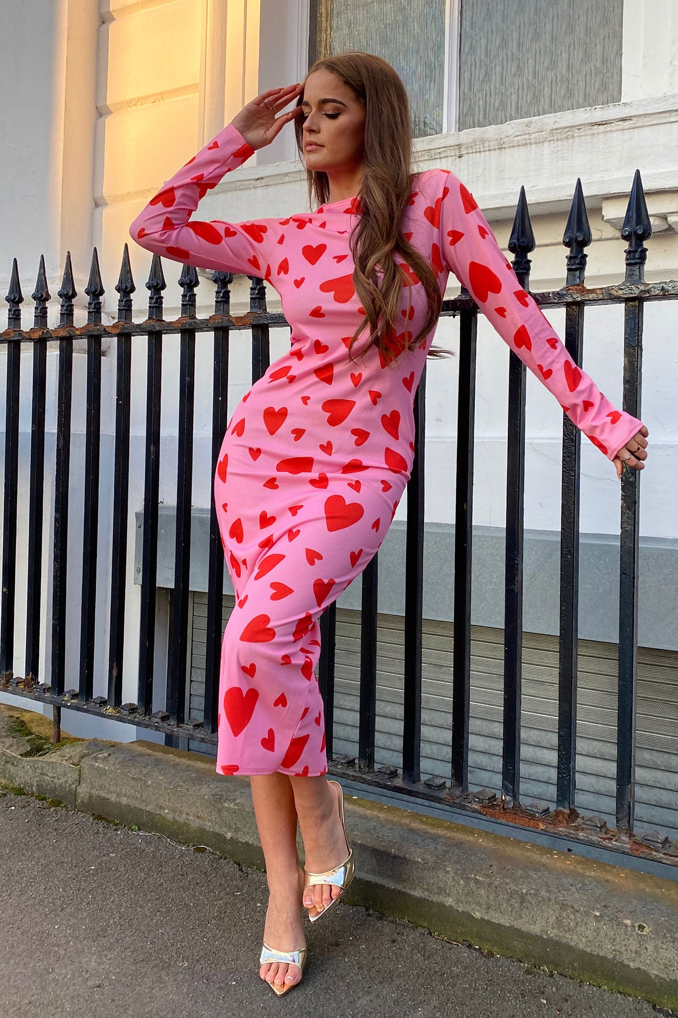 Charlotte Red Heart Print Long Sleeve Midi Dress - Sassy Dresses