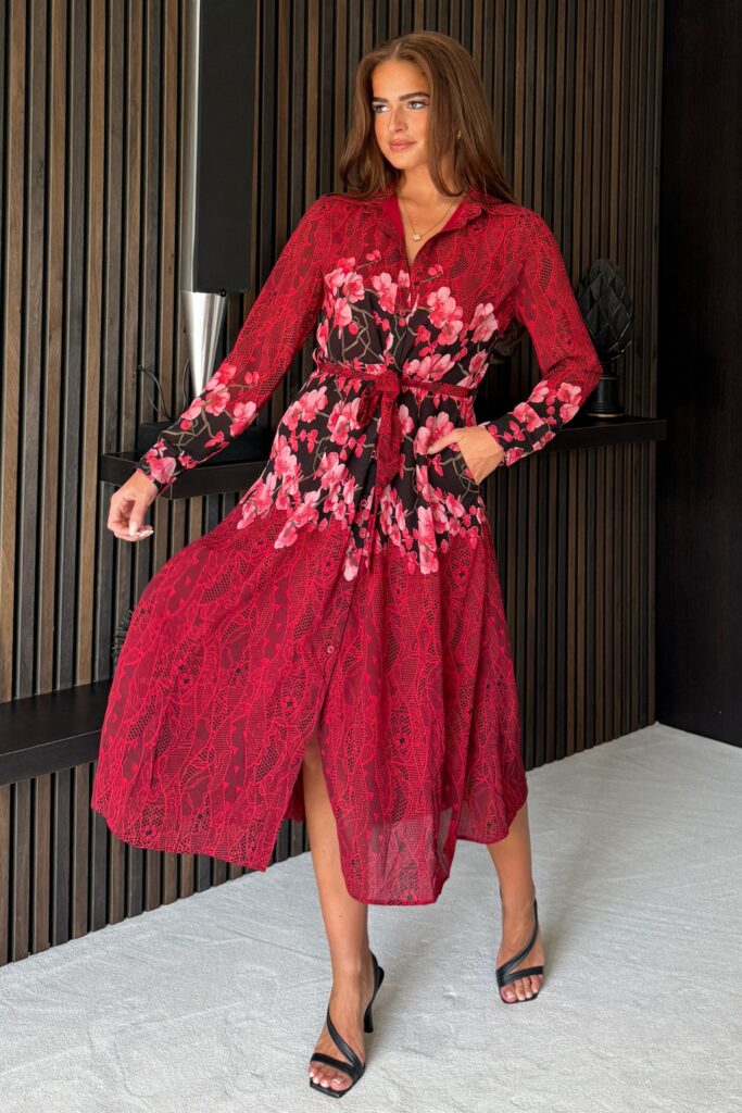 red floral shirt dress Everly Red Floral Shirt Midi Dress Girl In Mind
