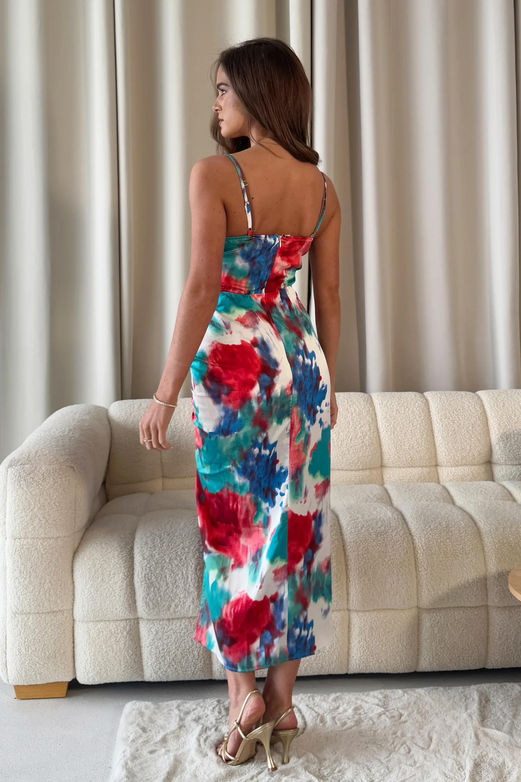Selena Red Splash Ruched Midi Dress - Image 4