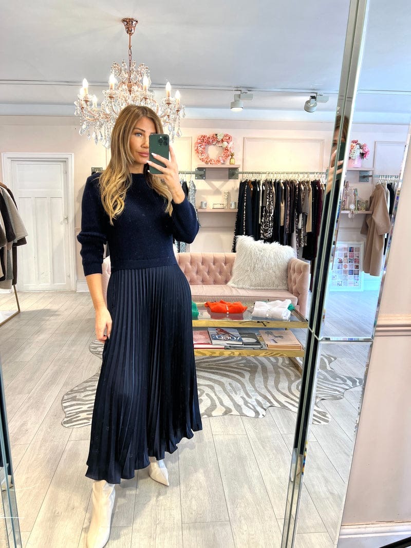 Dee Pleat Satin Navy Dress