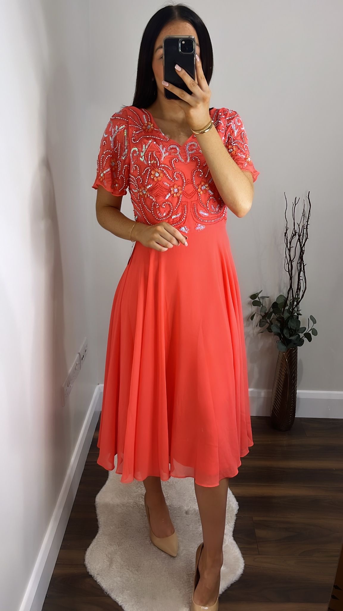 Laura Coral Embellished Flare Dress