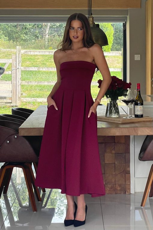 Danni Strapless Bandeau Midi Dress Wine