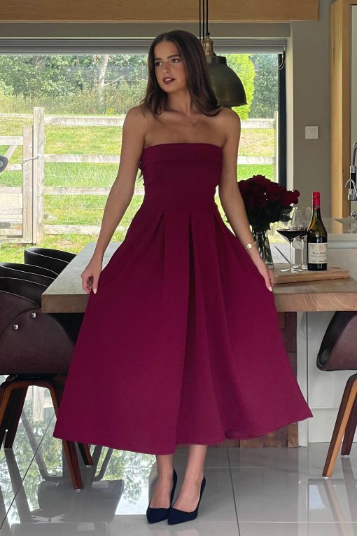 Danni Strapless Bandeau Midi Dress Wine - Image 3