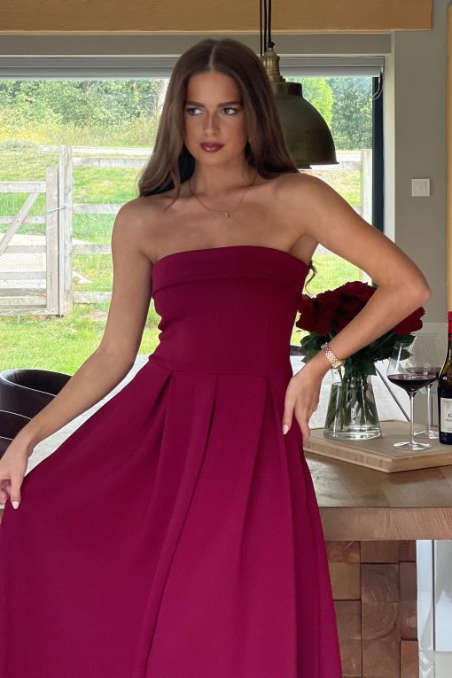 Danni Strapless Bandeau Midi Dress Wine - Image 5
