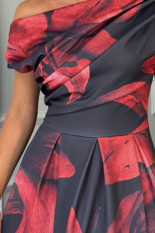 Betty Asymmetric Neckline Skater Midi Black Floral - Image 5