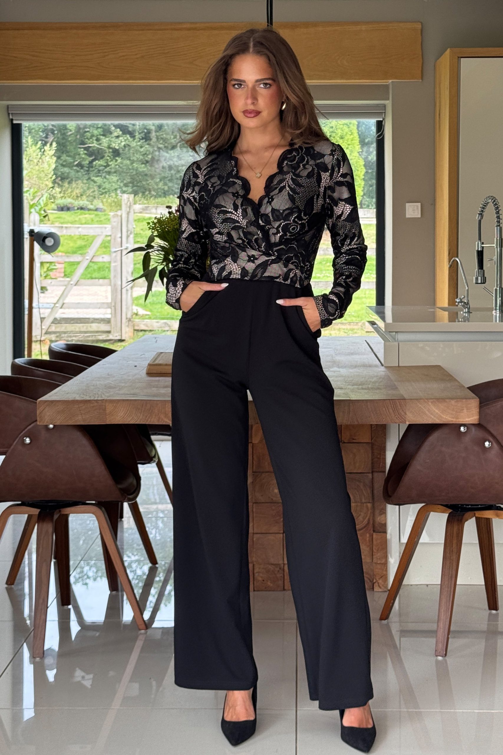 Bridget Twist Font Long Sleeve Lace Jumpsuit Black