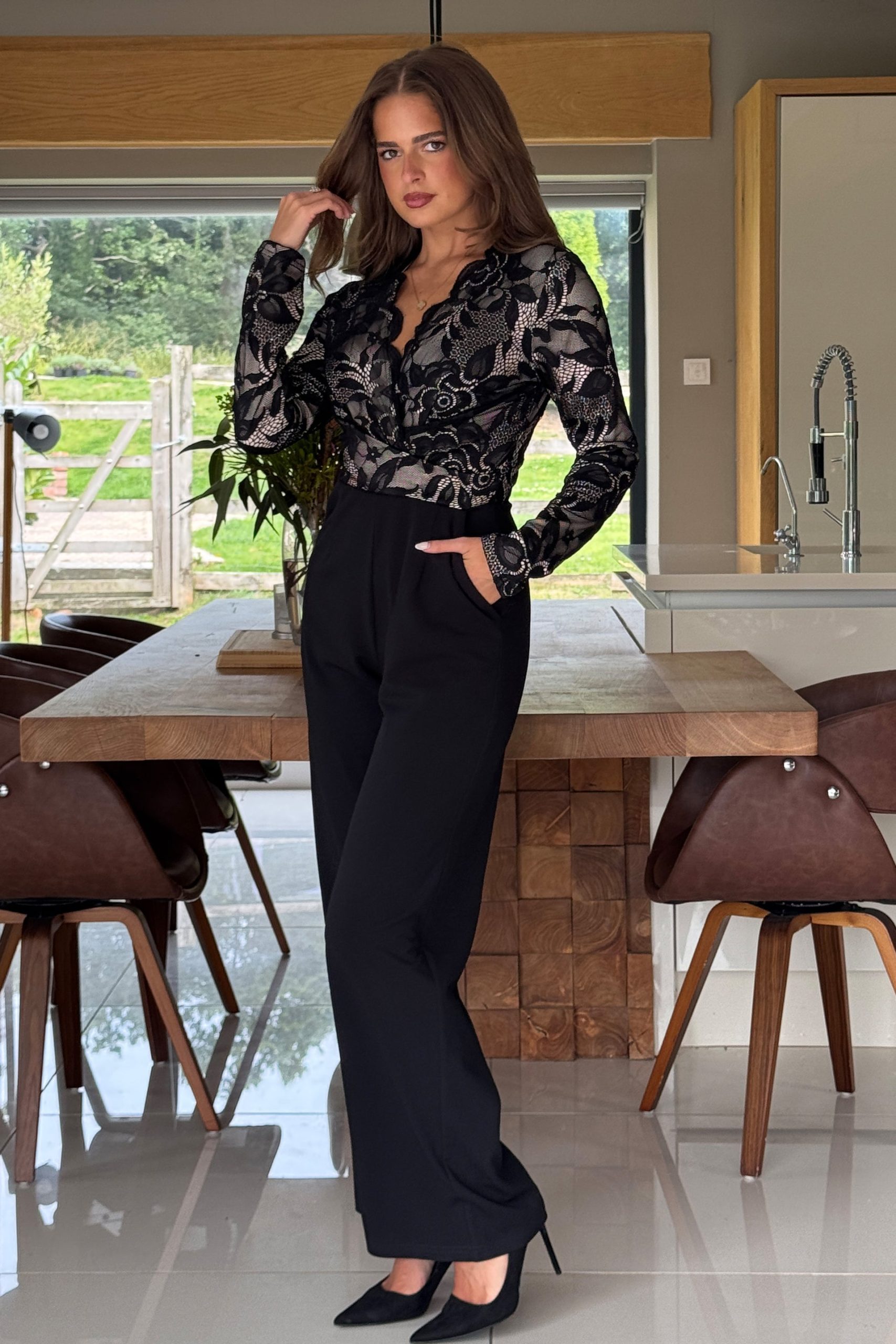 Bridget Twist Font Long Sleeve Lace Jumpsuit Black - Image 3