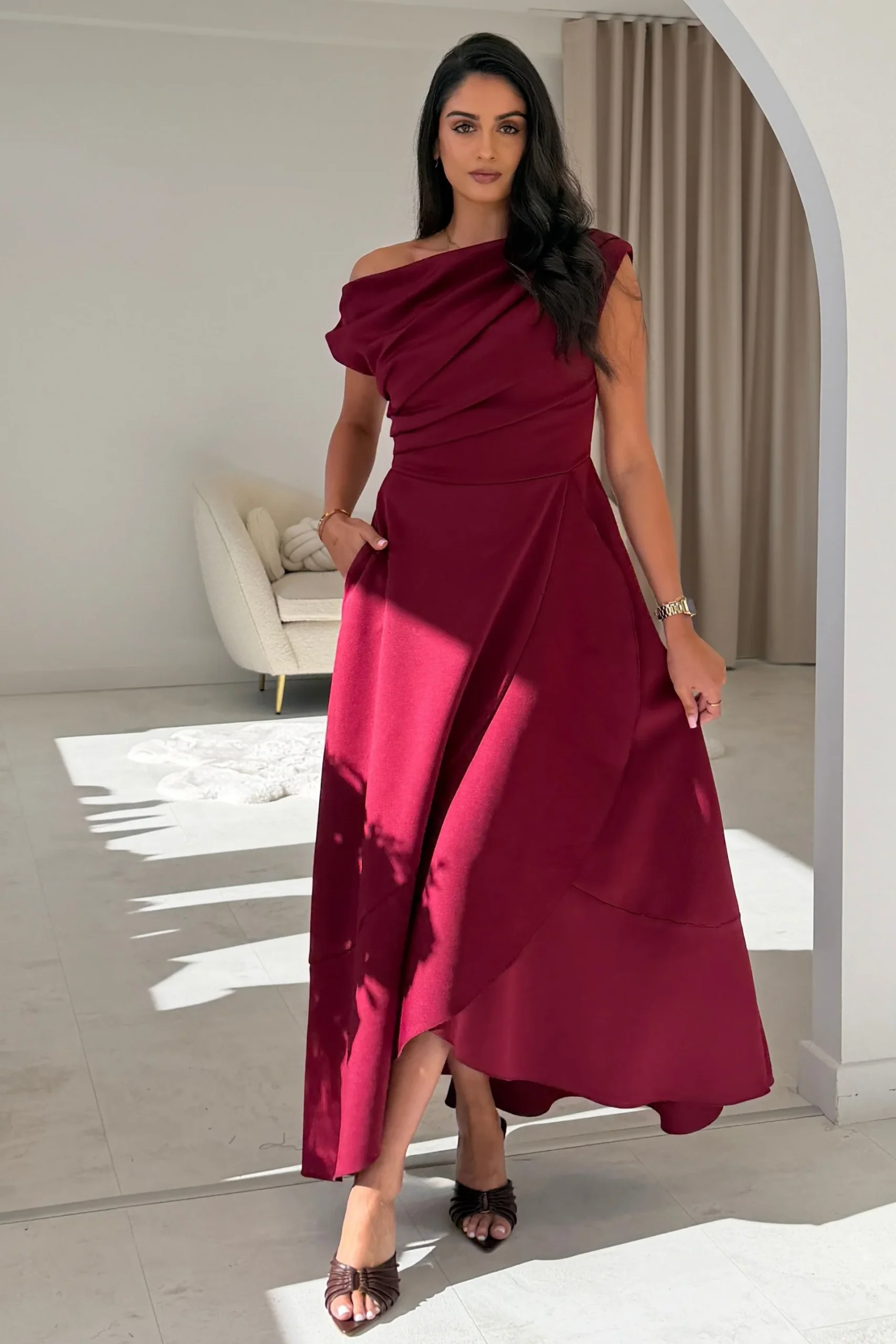Florie Frill Wrap Maxi Dress Wine