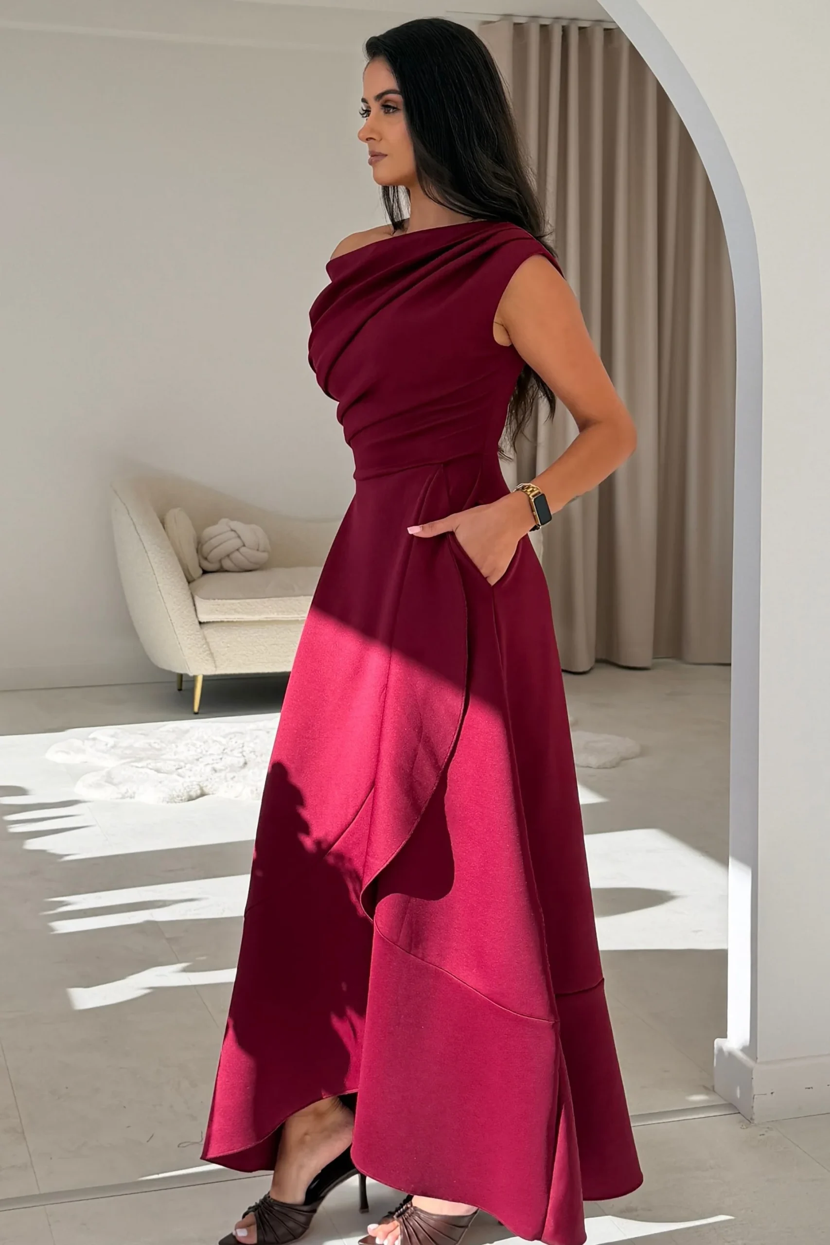 Florie Frill Wrap Maxi Dress Wine - Image 3