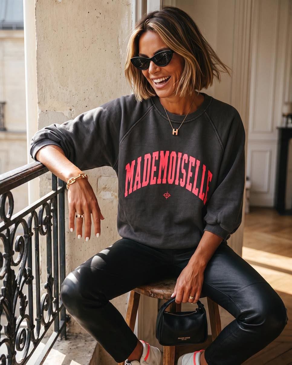 Washed Black Cotton Mademoiselle Sweatshirt with Coral